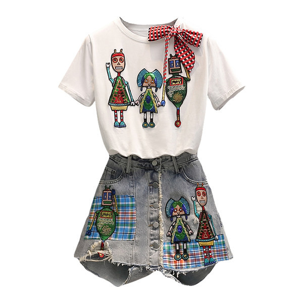 Sieviešu blūzes un džinsu komplekts ar izšuvumiem un fliteriem