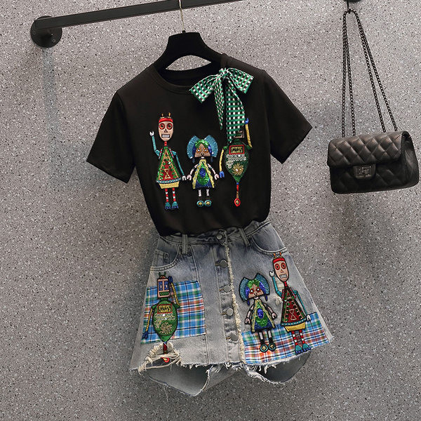 Sieviešu blūzes un džinsu komplekts ar izšuvumiem un fliteriem