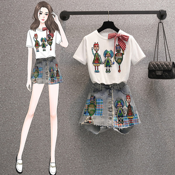 Sieviešu blūzes un džinsu komplekts ar izšuvumiem un fliteriem