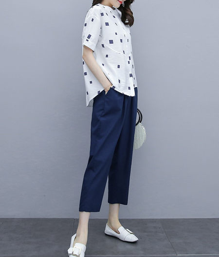 Ženski ljetni komplet - asimetrična košulja i hlače 7/8