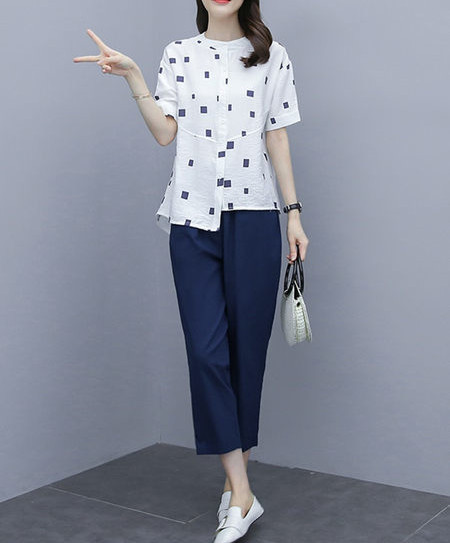 Ženski ljetni komplet - asimetrična košulja i hlače 7/8