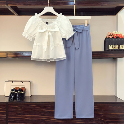 Moderan ženski komplet košulje kratkih rukava i ravnih hlača