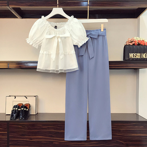 Moderan ženski komplet košulje kratkih rukava i ravnih hlača