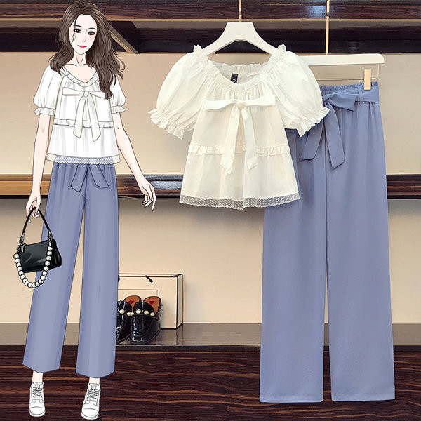 Moderan ženski komplet košulje kratkih rukava i ravnih hlača