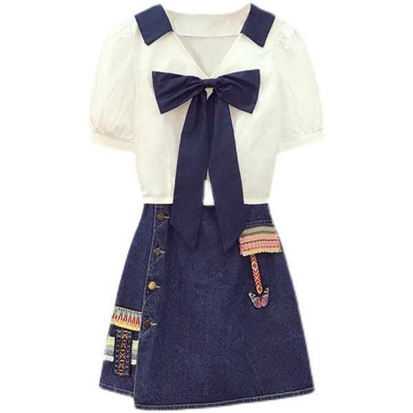 Ženski komplet traper suknja i košulja sa trakom