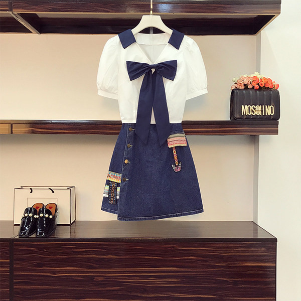 Ženski komplet traper suknja i košulja sa trakom