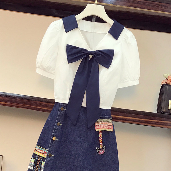 Ženski komplet traper suknja i košulja sa trakom