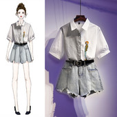 Sieviešu kreklu komplekts ar izšuvumu un īsiem džinsiem