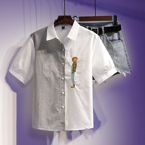 Sieviešu kreklu komplekts ar izšuvumu un īsiem džinsiem