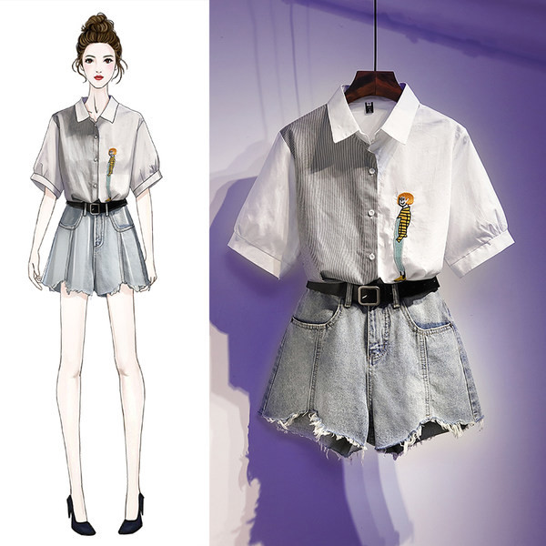 Sieviešu kreklu komplekts ar izšuvumu un īsiem džinsiem