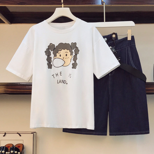 Ženski komplet od traper suknje i majice s aplikacijom