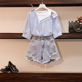 Ženski ljetni komplet prugaste košulje i traperica s perlama
