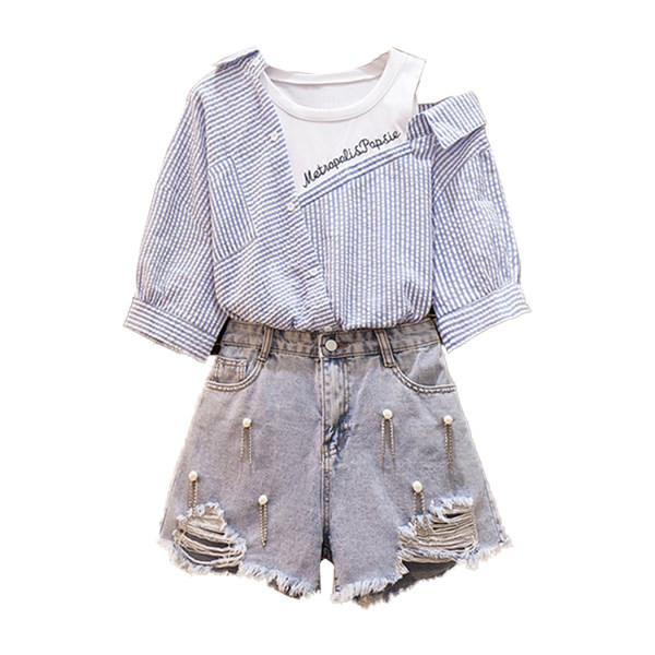 Ženski ljetni komplet prugaste košulje i traperica s perlama