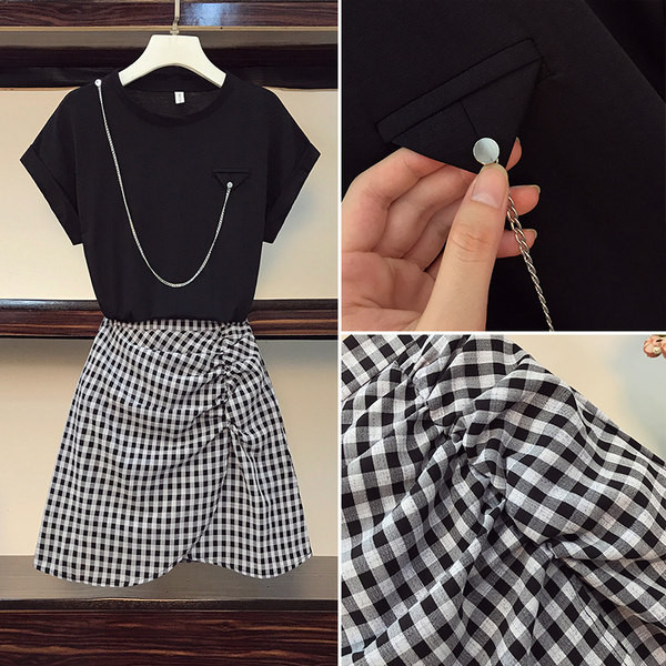 Proljetni ženski komplet crne majice i karirane suknje