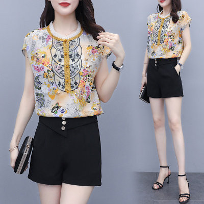 Ženski komplet - košulja od šifona s uzorkom i hlače