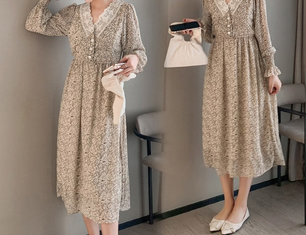 Moderna ženska haljina sa čipkom i cvjetnim uzorkom za trudnice