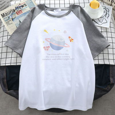 Sieviešu t-krekls ar aplikāciju - špics vai ovāls kakla izgriezums