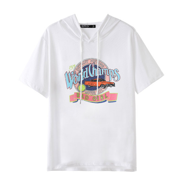 Ženska pamučna majica kratkih rukava s aplikacijom u boji i kapuljačom