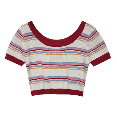 Ženski crop top od samtastog pletiva s ovalnim izrezom