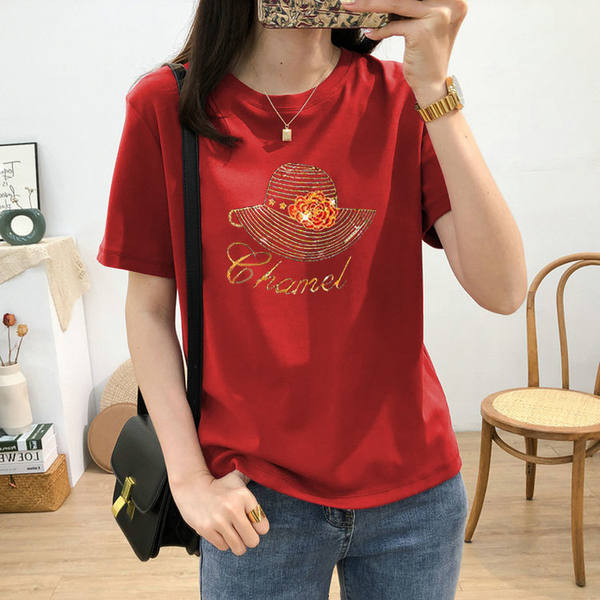 Proljetna ženska majica sa sjajnom aplikacijom i kratkim rukavima