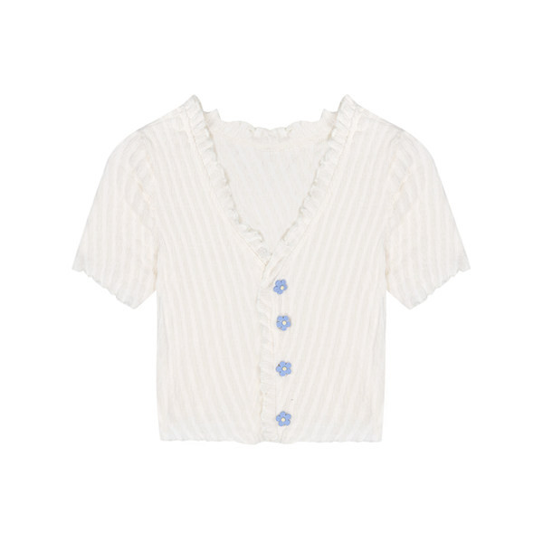 Ženska pripijena bluza s kovrčama i gumbima u obliku cvijeta