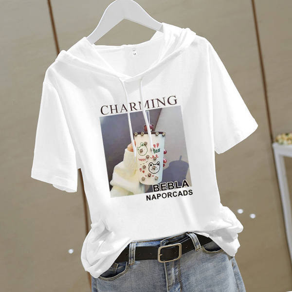 Sieviešu t-krekls ar kapuci un saitēm -3/4 piedurknēm