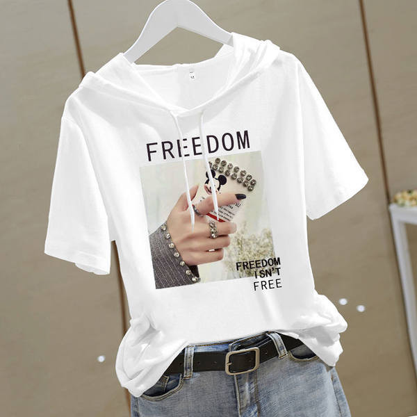 Sieviešu t-krekls ar kapuci un saitēm -3/4 piedurknēm