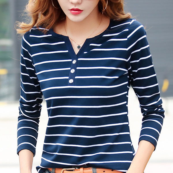 Νέα γυναικεία ριγέ μπλούζα με κουμπιά σε διάφορα χρώματα