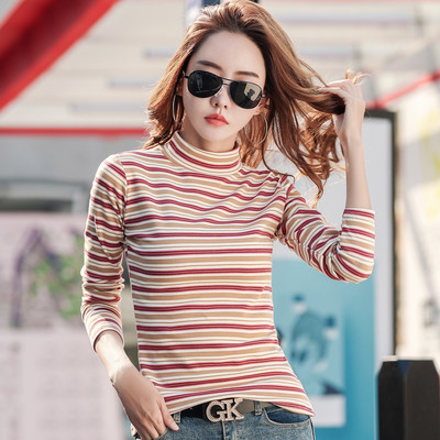 Γυναικεία ριγέ μπλούζα με ψηλό κολάρο σε διάφορα χρώματα