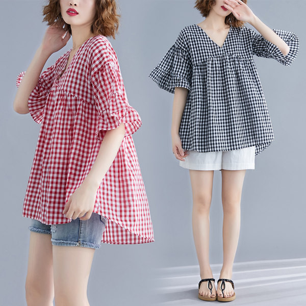 Γυναικεία καρό μπλούζα με βολάν και λαιμόκοψη