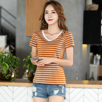 Casual ριγέ μπλουζάκι με κοντά μανίκια για γυναίκες