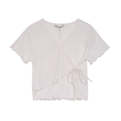 Γυναικείο κοντομάνικο μπλουζάκι με συμμετρικούς δεσμούς και  ντεκολτέ