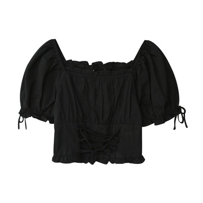 Νέο μοντέλο κοντό, γυναικεία μπλοθζάκι με κορδόνια και ογκώδη μανίκια