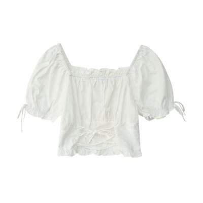 Νέο μοντέλο κοντό, γυναικεία μπλοθζάκι με κορδόνια και ογκώδη μανίκια