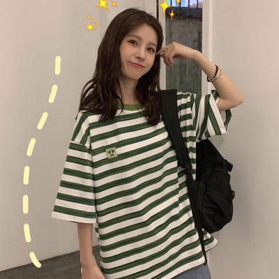 Ριγέ γυναικείο μπλουζάκι με κέντημα