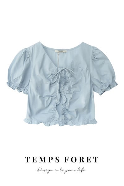 Καλοκαιρινή γυναικεία μπλούζα με κορδόνια και μανίκια - κοντό μοντέλο