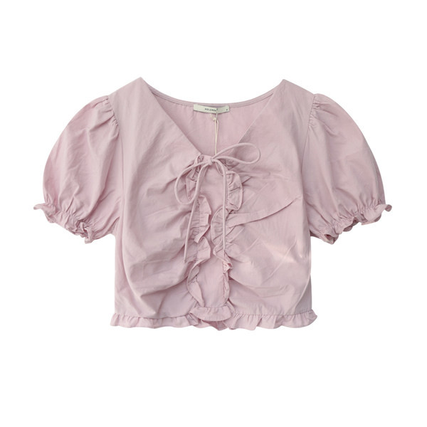 Καλοκαιρινή γυναικεία μπλούζα με κορδόνια και μανίκια - κοντό μοντέλο