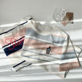 Ριγέ γυναικείο μπλουζάκι με κεντήματα και κοντά μανίκια