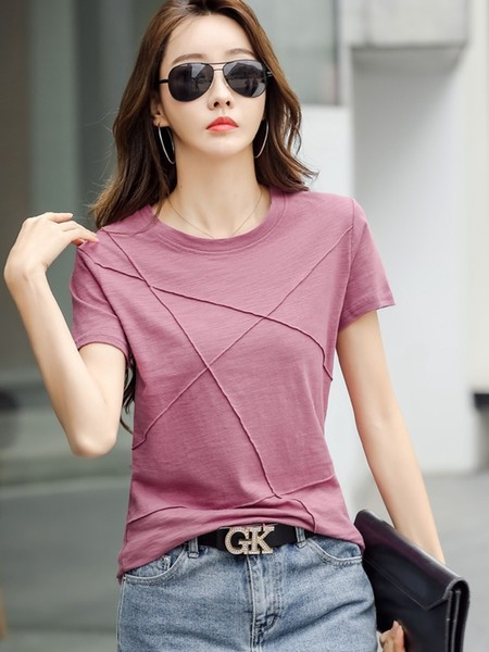 Casual γυναικείο μπλουζάκι με κοντά μανίκια και οβάλ λαιμόκοψη σε διάφορα χρώματα