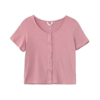 Ženski kratki top od samta s gumbima i ovalnim izrezom