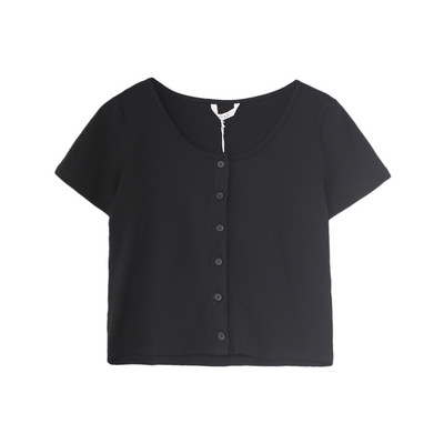 Ženski kratki top od samta s gumbima i ovalnim izrezom
