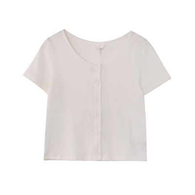 Ženski kratki top od samta s gumbima i ovalnim izrezom