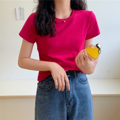 Εντοιχισμένο μονόχρωμο μπλουζάκι με κοντά μανίκια