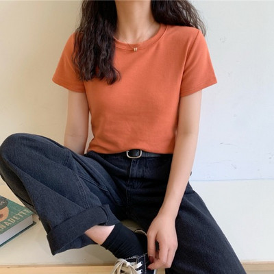 Εντοιχισμένο μονόχρωμο μπλουζάκι με κοντά μανίκια