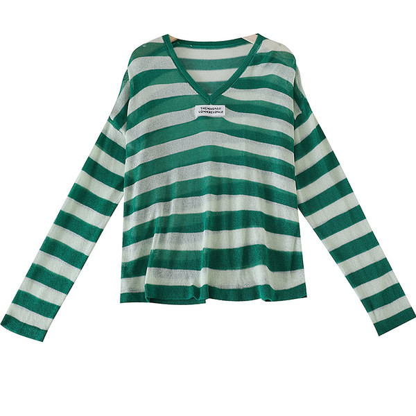 Sieviešu svītraina blūze ar špica kakla izgriezumu trīs krāsās