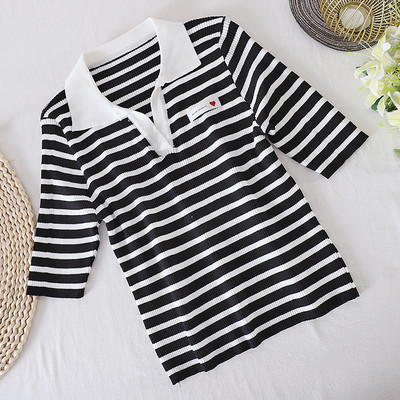 Γυναικεία ριγέ μπλούζα με κλασικό κολάρο και 3/4 μανίκια