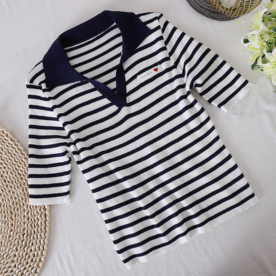 Γυναικεία ριγέ μπλούζα με κλασικό κολάρο και 3/4 μανίκια