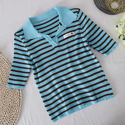 Γυναικεία ριγέ μπλούζα με κλασικό κολάρο και 3/4 μανίκια