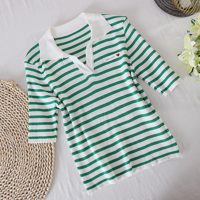 Γυναικεία ριγέ μπλούζα με κλασικό κολάρο και 3/4 μανίκια