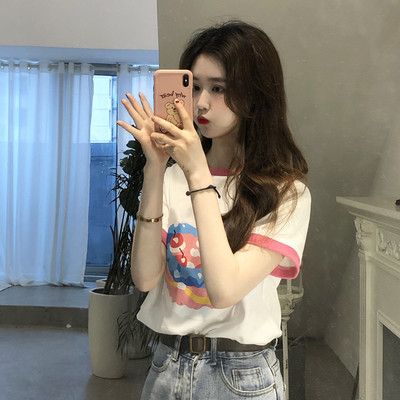 Γυναικείο μπλουζάκι με κοντό μανίκι χρώμα απλικέ και οβάλ λαιμόκοψη